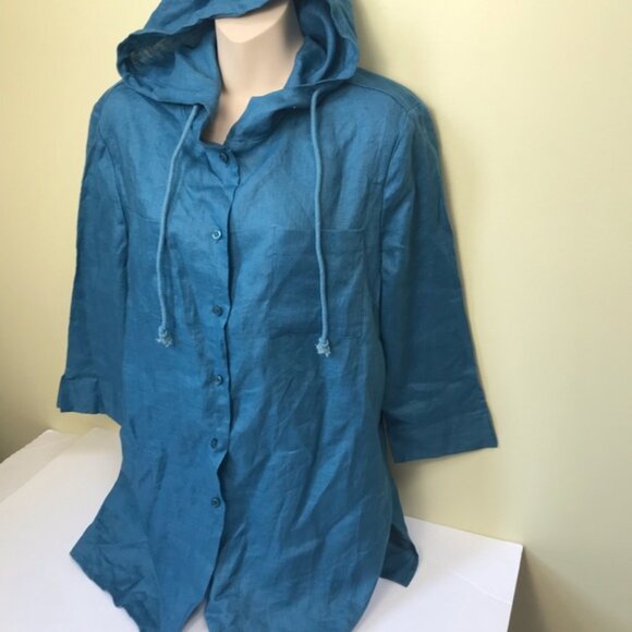 Alice Blue NEW Linen Shirt Hoodie Shirt Jacket Pockets Slits Button Minimalist L - Picture 4 of 15